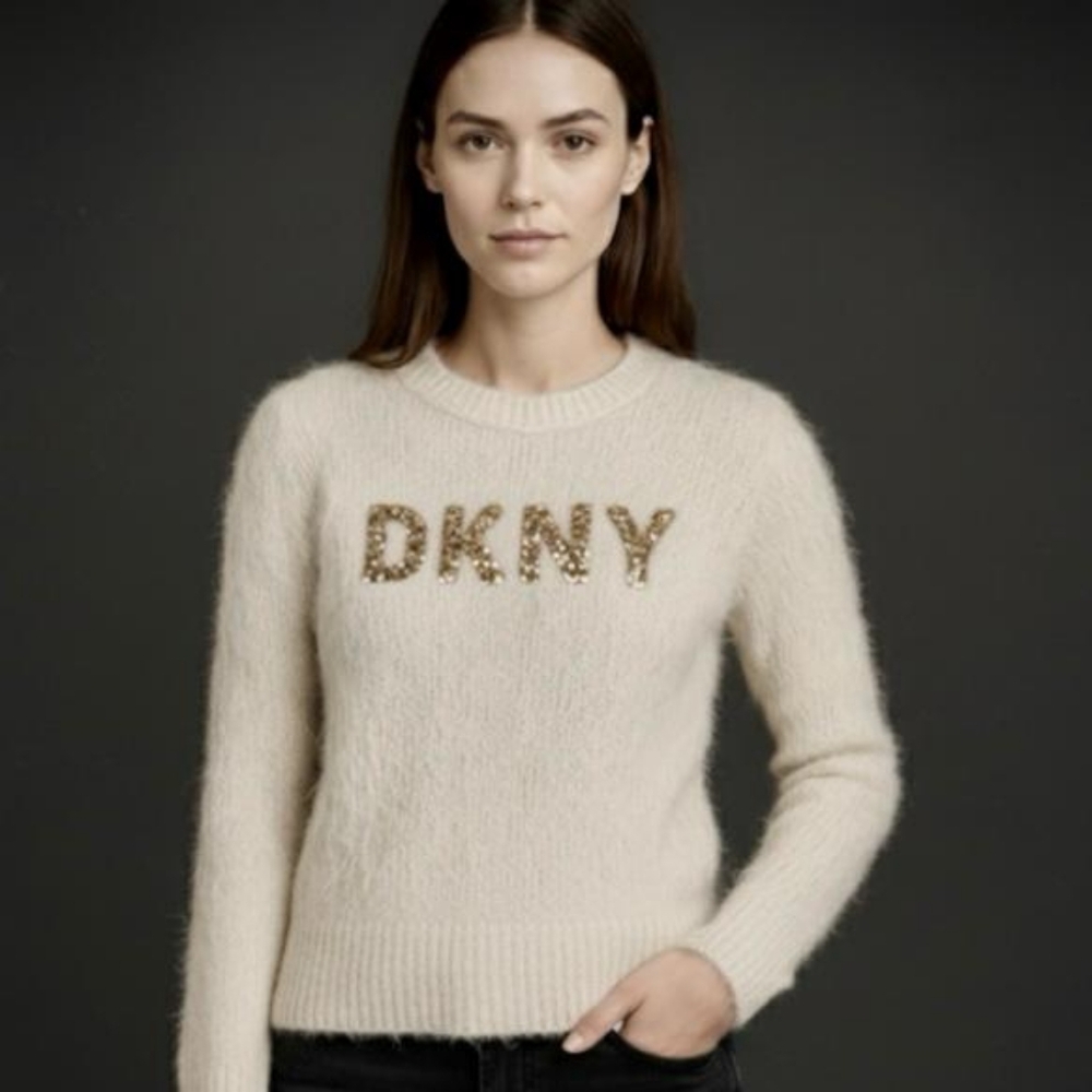NWOT, ​🤩 DKNY SEQUIN LOGO FUZZY CREWNECK SWEATER. SIZE S.